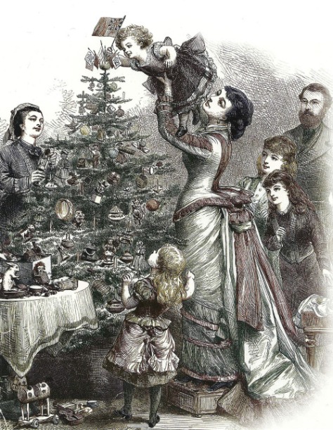 The painting from UK 1800s depicts that a Christmas tree was a children's toy and decorating activity was a part of the children's game in December for the sake of children's happiness.